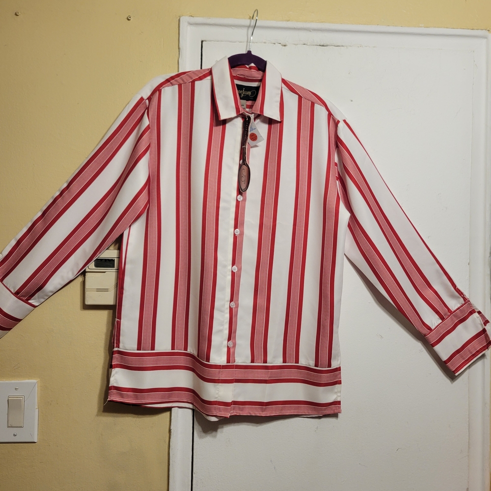 Spoon Jeans Women's Red & White Striped Button Down Shirt Size L